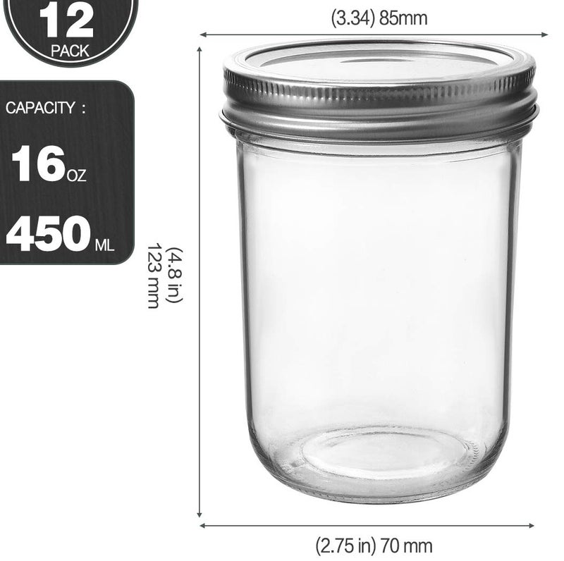 KAMOTA Wide Mouth Mason Jars 16 oz With Regular Lids and Bands, Ideal for Jam, Honey, Wedding Favors, Shower Favors, Baby Foods, DIY Spice Jars, 12 PACK, 12 Silver Pipette Covers Included - Image 2